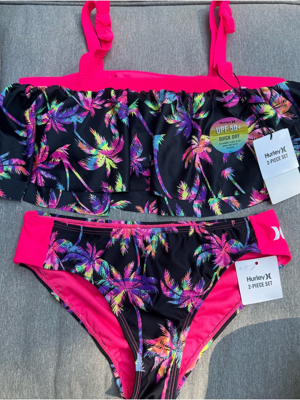 Hurley NWT Neon Palm Print Girls' 2-Piece Bikini - Black & Hot Pink XL